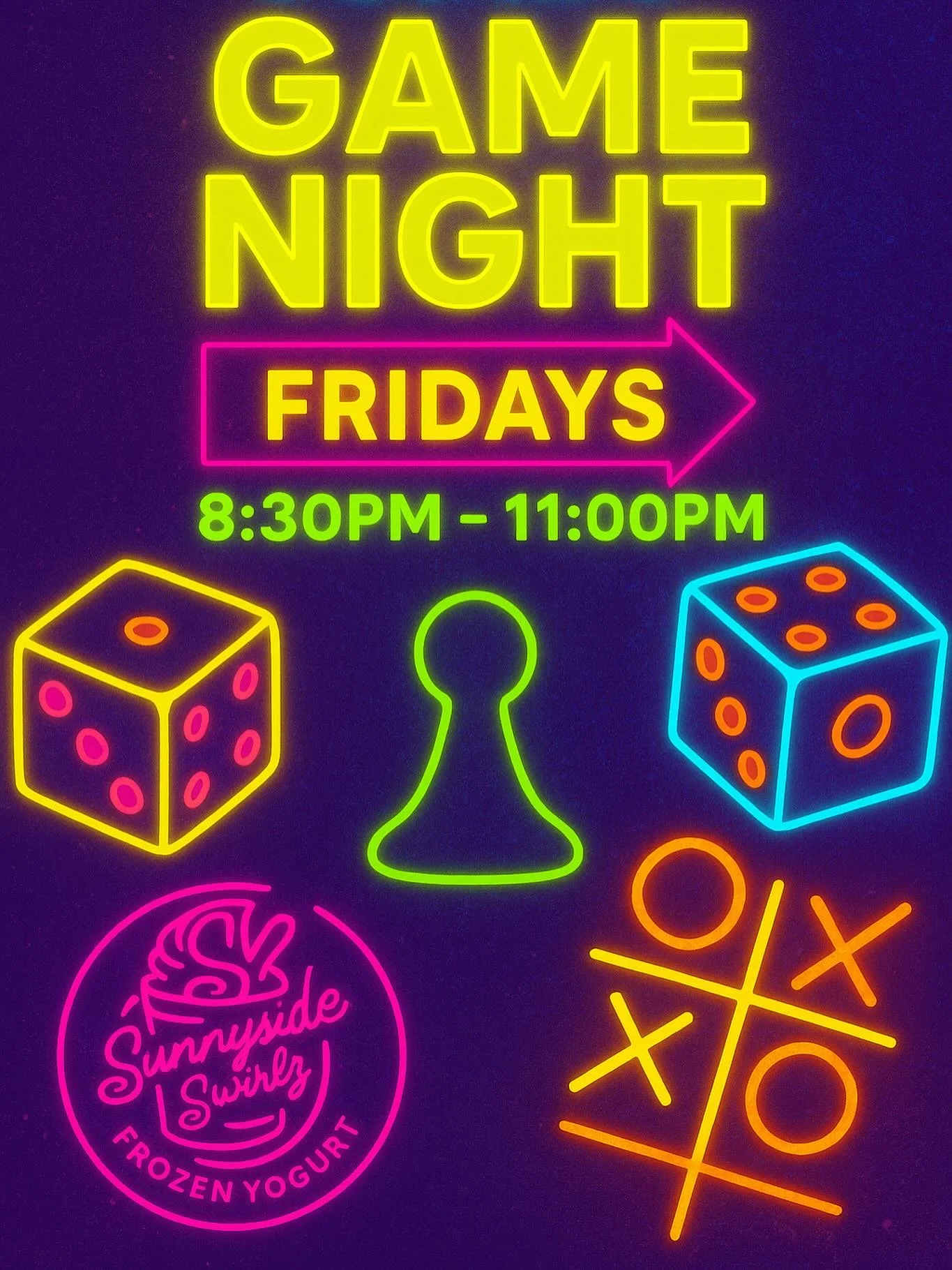 🎲✨ JUMBO GAME NIGHT at Sunnyside Swirlz! ✨🎲

Looking for some Friday night fun? Join us at Sunnyside Swirlz Frozen Yogurt every Friday from 8:30 PM &ndash; 11:00 PM for our exciting Jumbo Game Night!

🕹️ Play oversized games like giant Jenga, jumb