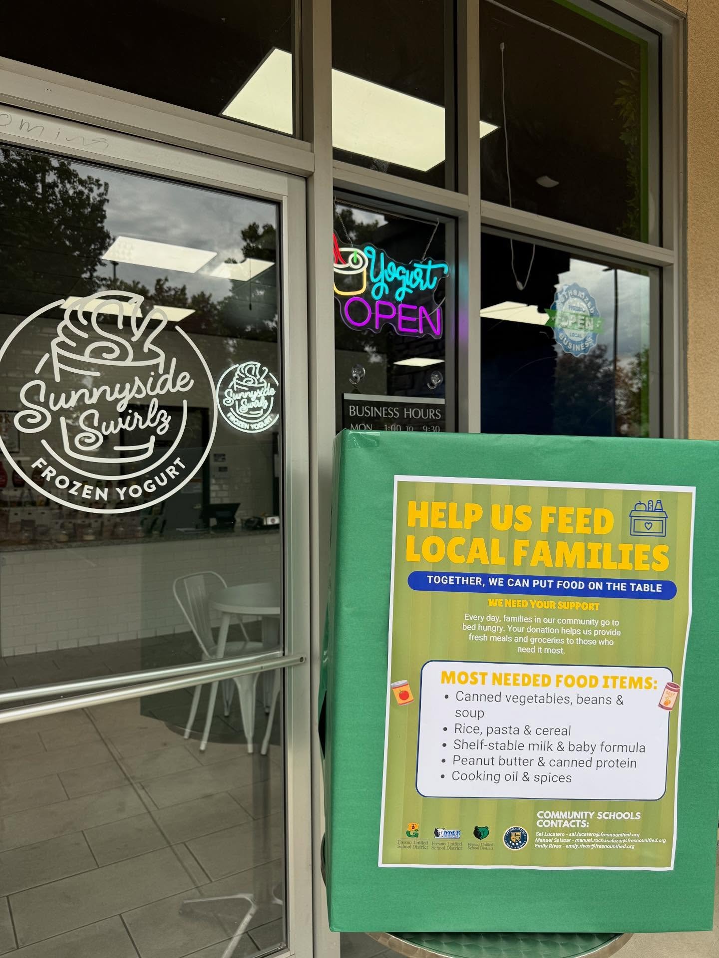 🌟 Sunnyside Swirlz Proudly Supports Our Community! 🌟

We&rsquo;re excited to share that Sunnyside Swirlz Frozen Yogurt is partnering in a local food drive to help feed families right here in our community. 💛

We&rsquo;re joining the effort to coll