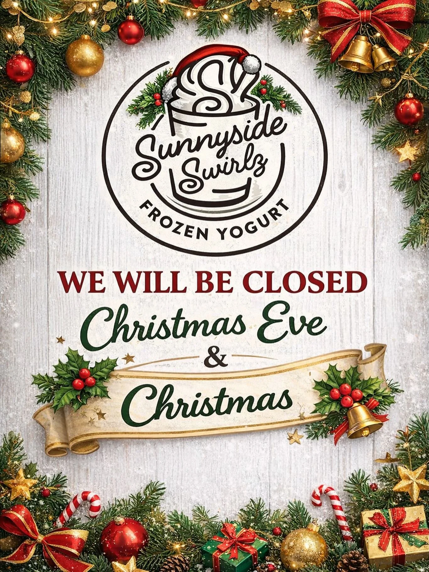 🎄✨ Holiday Closure Notice ✨🎄

Sunnyside Swirlz Frozen Yogurt will be closed on Christmas Eve &amp; Christmas Day. 

We&rsquo;re so thankful for our amazing community and wish you and your family a safe, joyful, and sweet holiday season! 🎁❄️

We&rs
