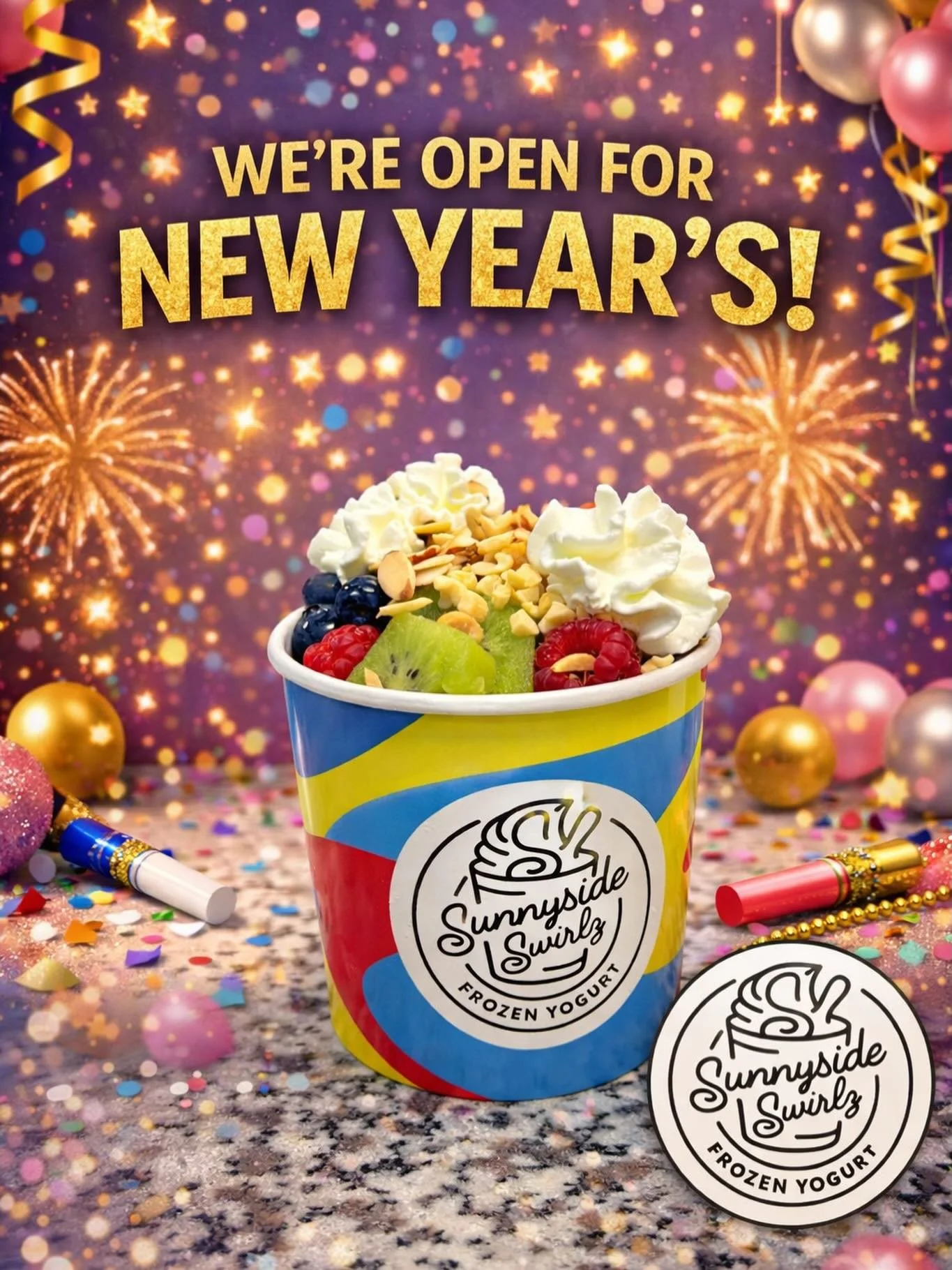 🎉 WE&rsquo;RE OPEN FOR NEW YEAR&rsquo;S! 🎉

Ring in the New Year with something sweet! 🥳🍨
Stop by Sunnyside Swirlz Frozen Yogurt and treat yourself to your favorite froyo, fresh fruit, and toppings to start the year off right.

✨ Open New Year&rs