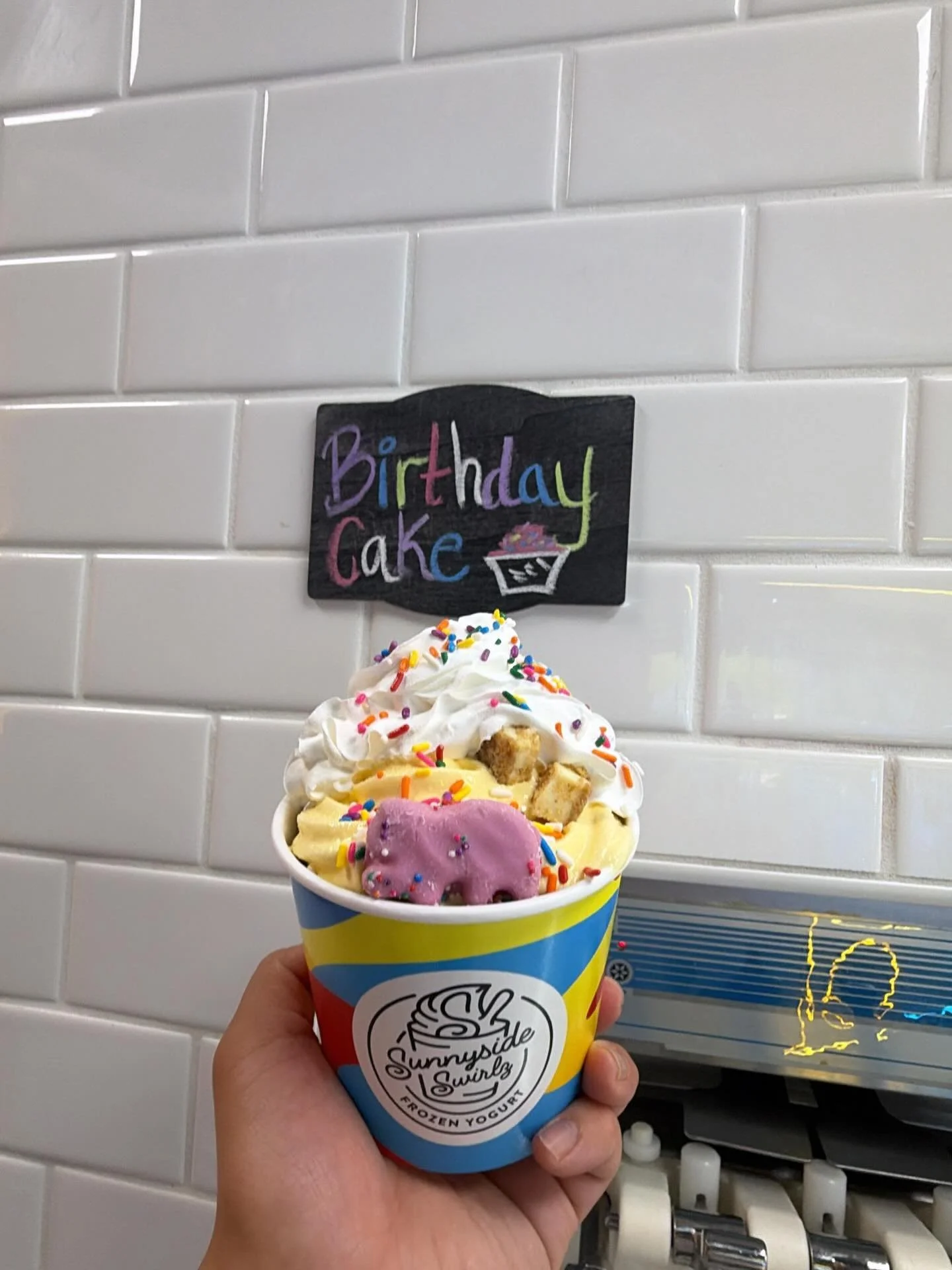 🎉🍰 Build it YOUR way with our Birthday Cake Frozen Yogurt at Sunnyside Swirlz! 🍦✨

Start with our rich and creamy Birthday Cake froyo flavor, then pile on your favorite toppings &mdash; sprinkles, cheesecake bites, candy, whipped cream, cookies, f