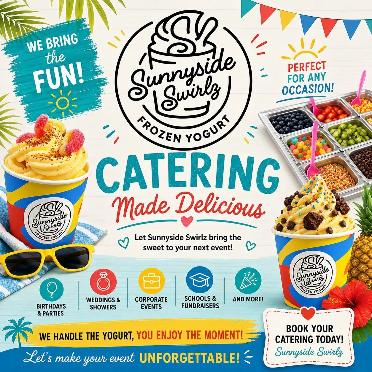 ☀️🍍 Bring the SWEETEST part of summer to your next event with Sunnyside Swirlz Frozen Yogurt Catering! 🍦🎉

From birthdays and weddings to school events, fundraisers, and corporate gatherings &mdash; we bring the fun, flavor, and unforgettable froy
