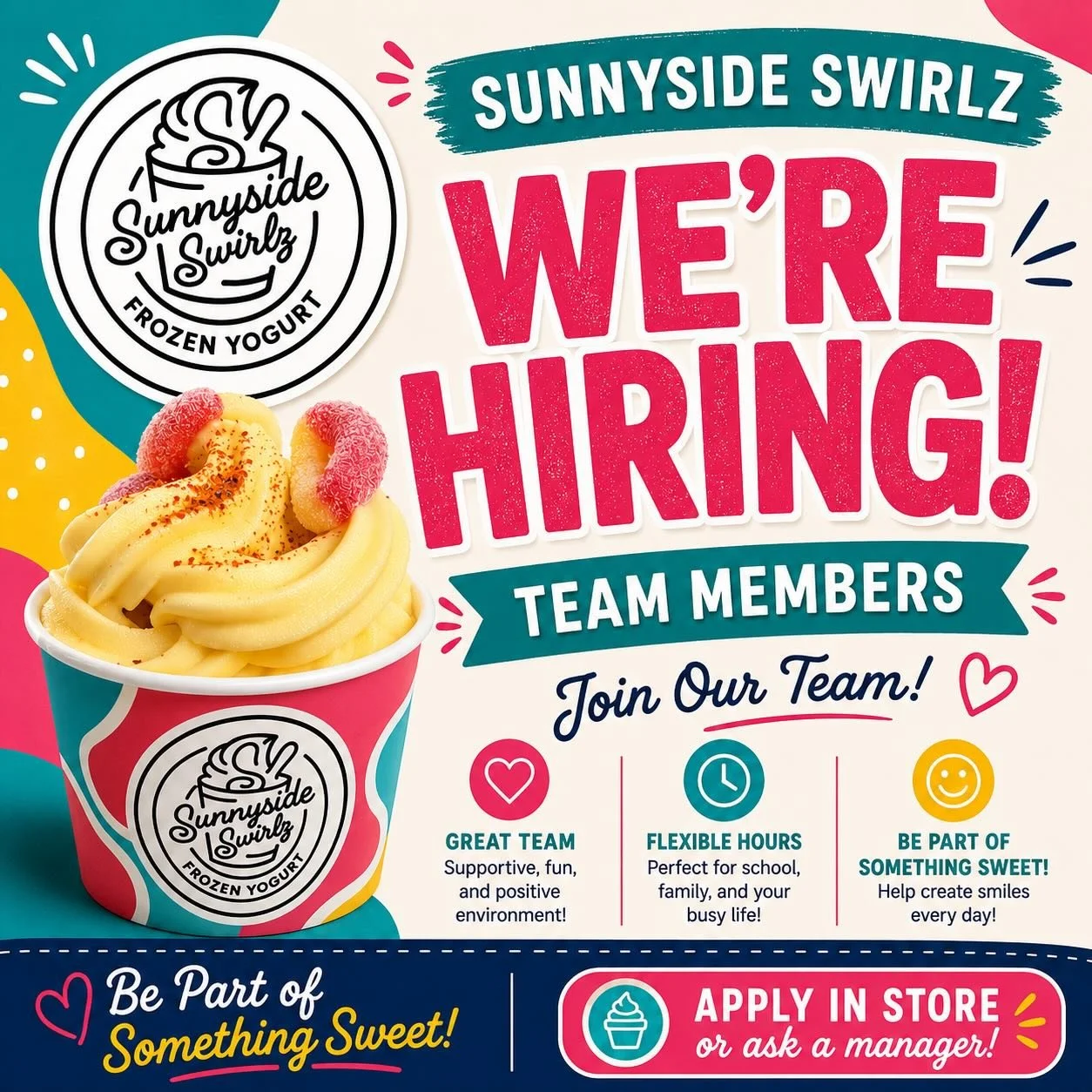 🌟 WE&rsquo;RE HIRING! 🌟

Join the team at Sunnyside Swirlz Frozen Yogurt and become part of a fun, fast-paced, and customer-focused environment!

We&rsquo;re looking for enthusiastic, dependable, and friendly individuals who enjoy working with peop