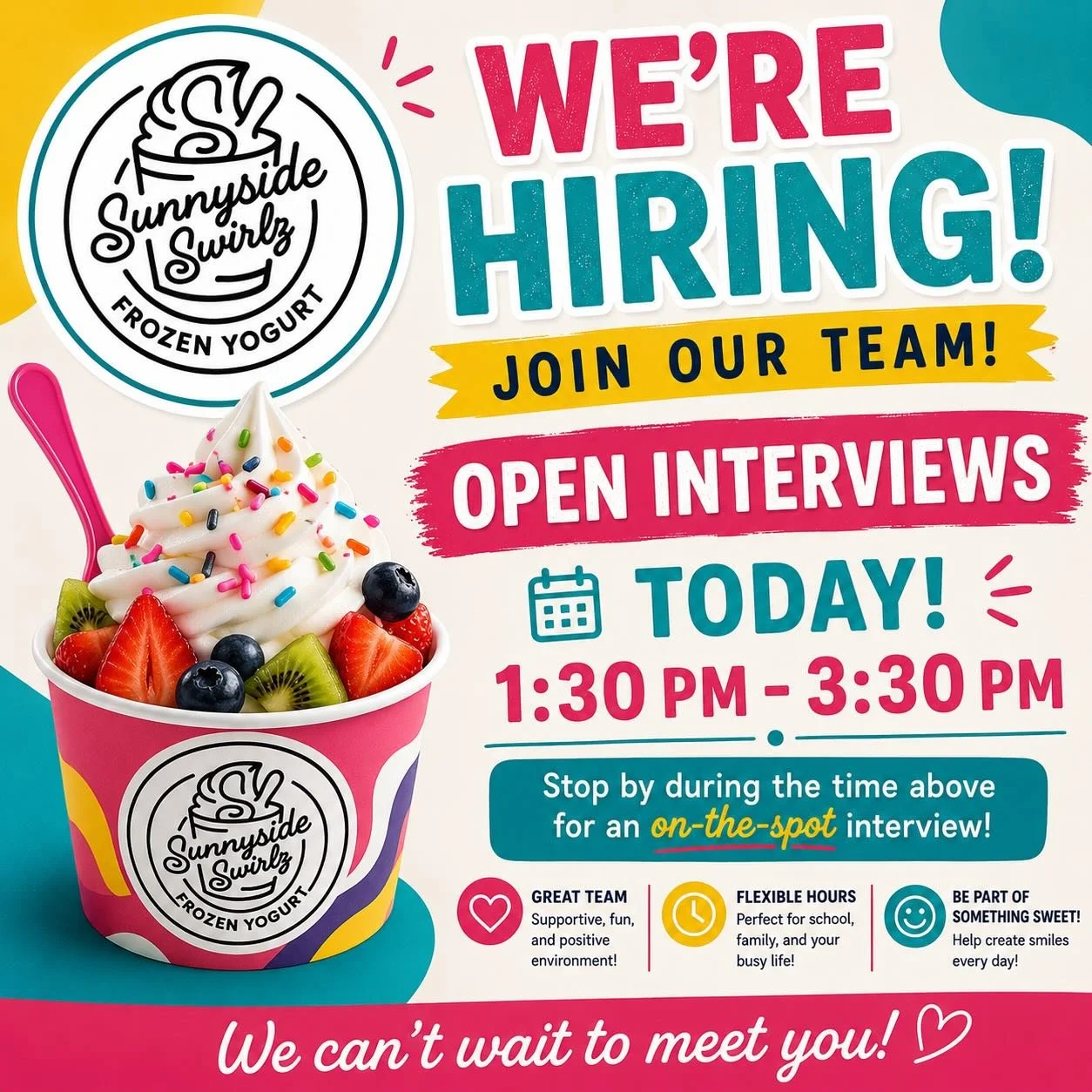 🚨 Open interviews today only🚨
Looking for a fun and rewarding job? Join the Sunnyside Swirlz team!

We&rsquo;re currently hiring enthusiastic, dependable, and customer-focused Team Members who are ready to provide outstanding service and help creat