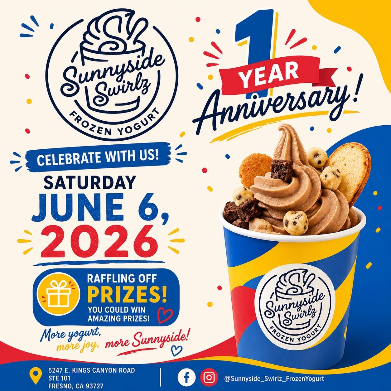 🎉 SOMETHING BIG IS COMING&hellip; 🎉

Can you believe it? Sunnyside Swirlz Frozen Yogurt is turning ONE! 🥳🍦

One year ago, we opened our doors with a dream of bringing delicious frozen yogurt and a fun, family-friendly experience to our community.