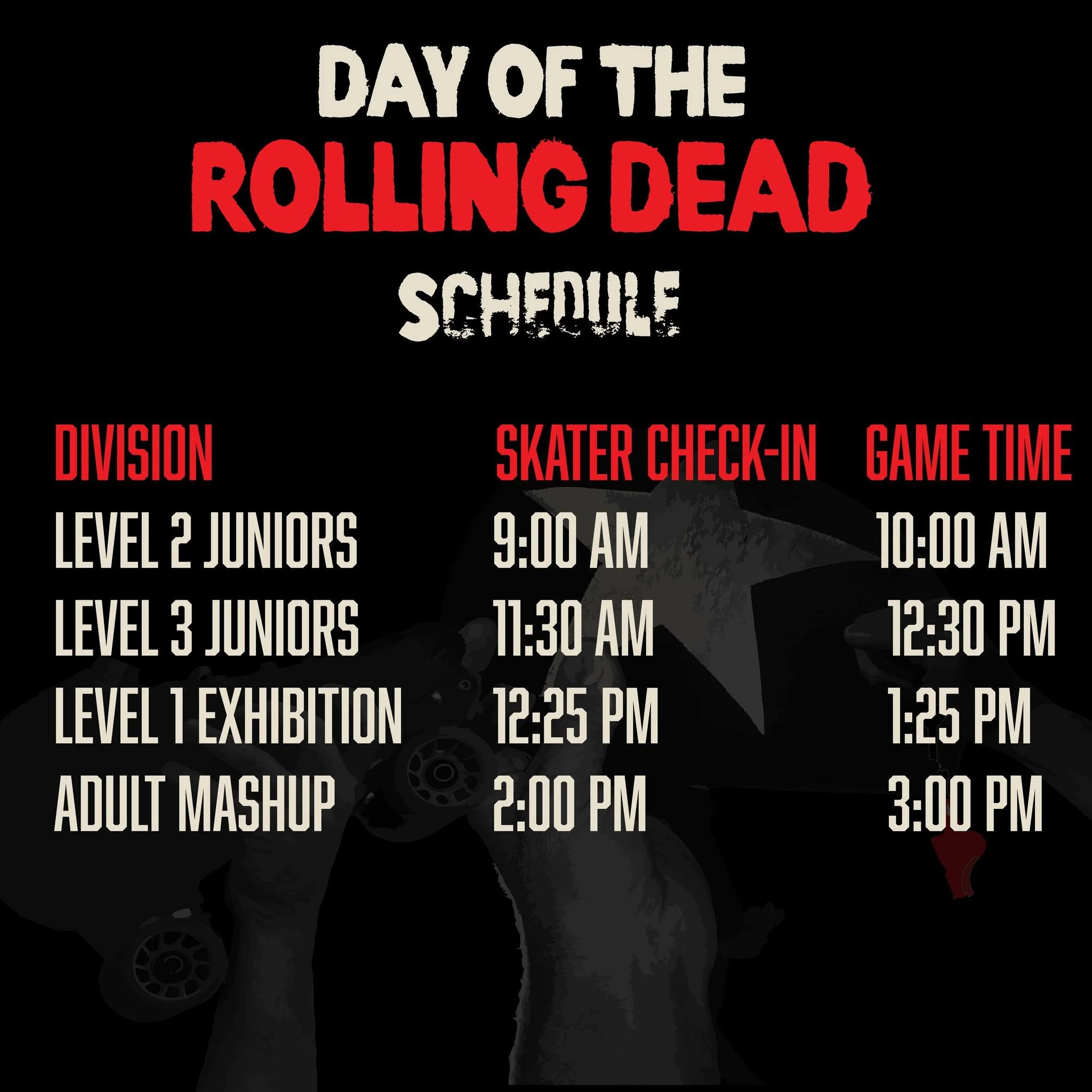 Day of the Rolling Dead rosters are here!

Check out the team assignments for this Saturday's mashups! Skaters, please remember to bring both black and white jerseys in case we need to make adjustments.

After the final whistle, all skaters, families