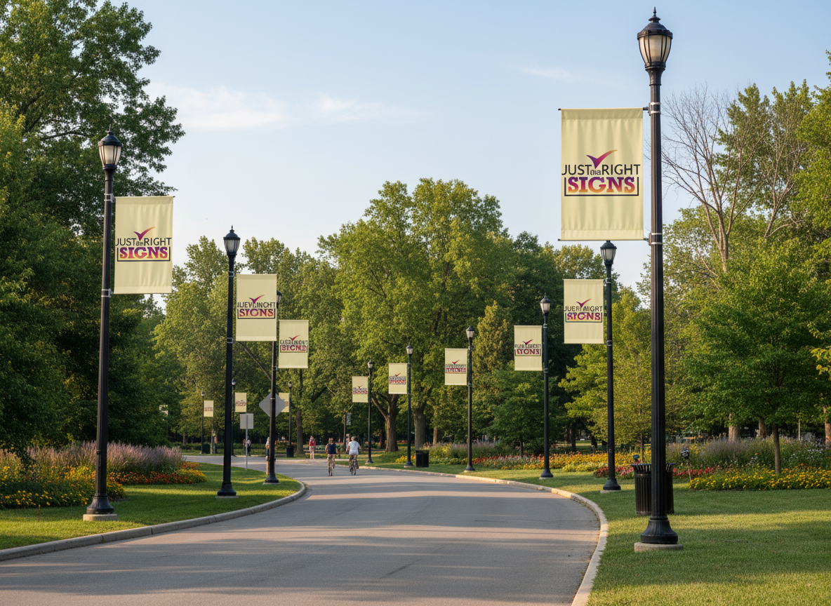 A park pathway lined with street lamps and banners that read 'JUST to RIGHT SIGNS.' People are riding bikes in the distance, with trees and flowers along the path on a sunny day.