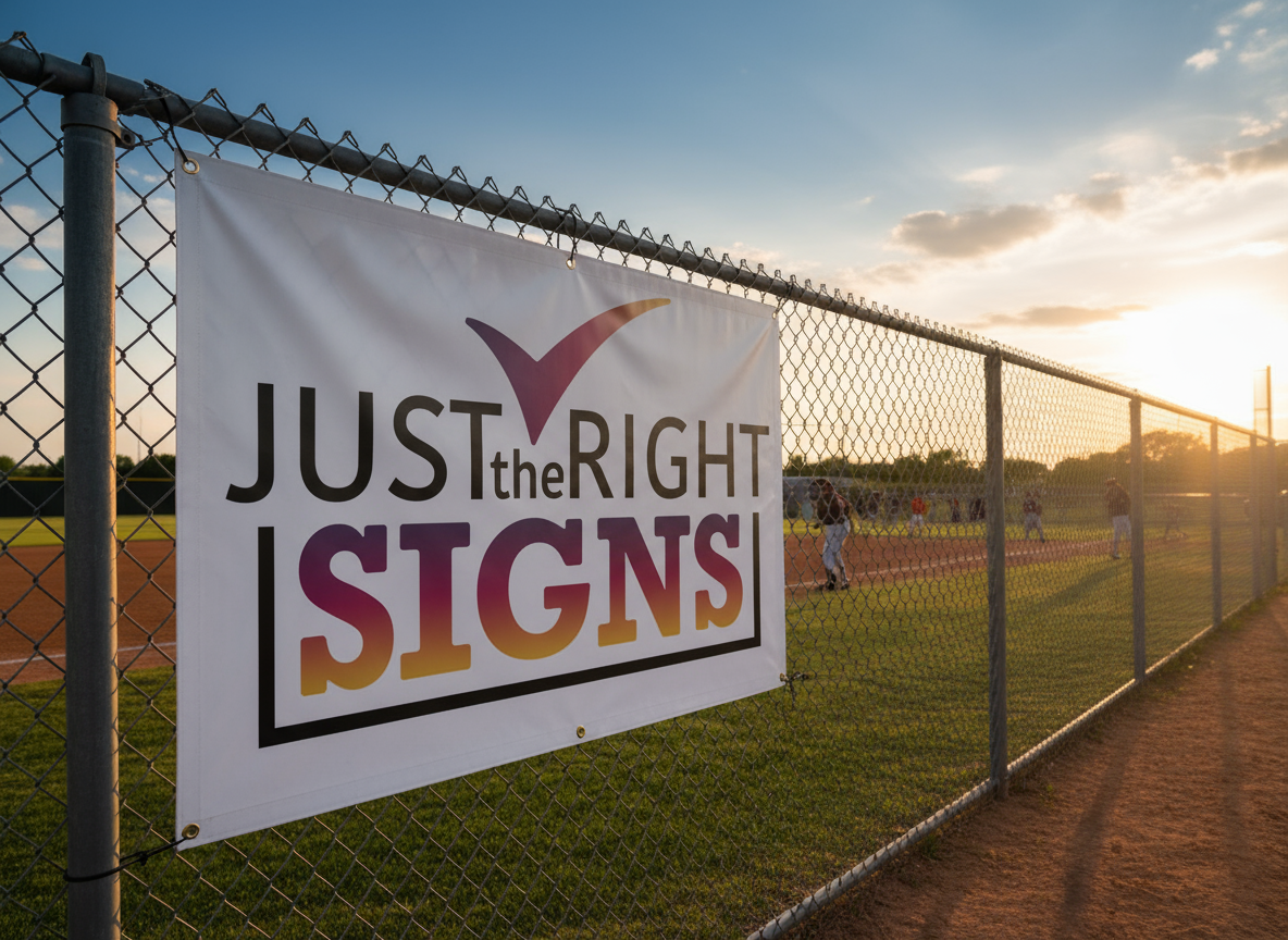 A chain-link fence with a sign that says "Just the Right Signs" at a baseball field during sunset.