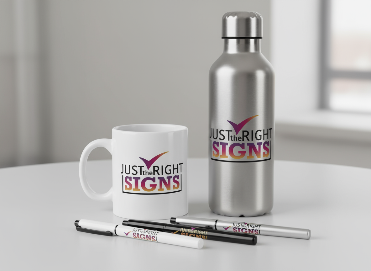 A white mug and a silver water bottle, both with the logo 'JUST the RIGHT SIGNS' on them, with several black and white markers lying in front, on a white table in a bright room.