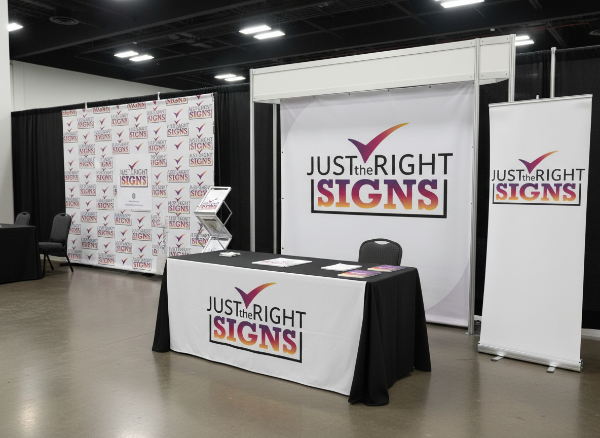 Trade show booth for 'Just the Right Signs' featuring a table with merchandise, large backdrop and banners with the company's logo and name.