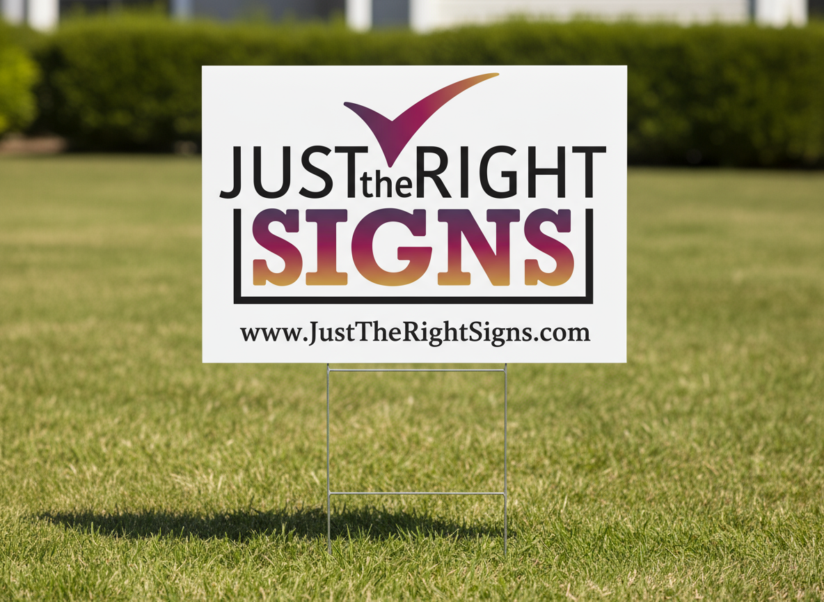 A lawn sign with the text "Just the Right Signs" and a website URL, placed on a grassy area with bushes in the background.