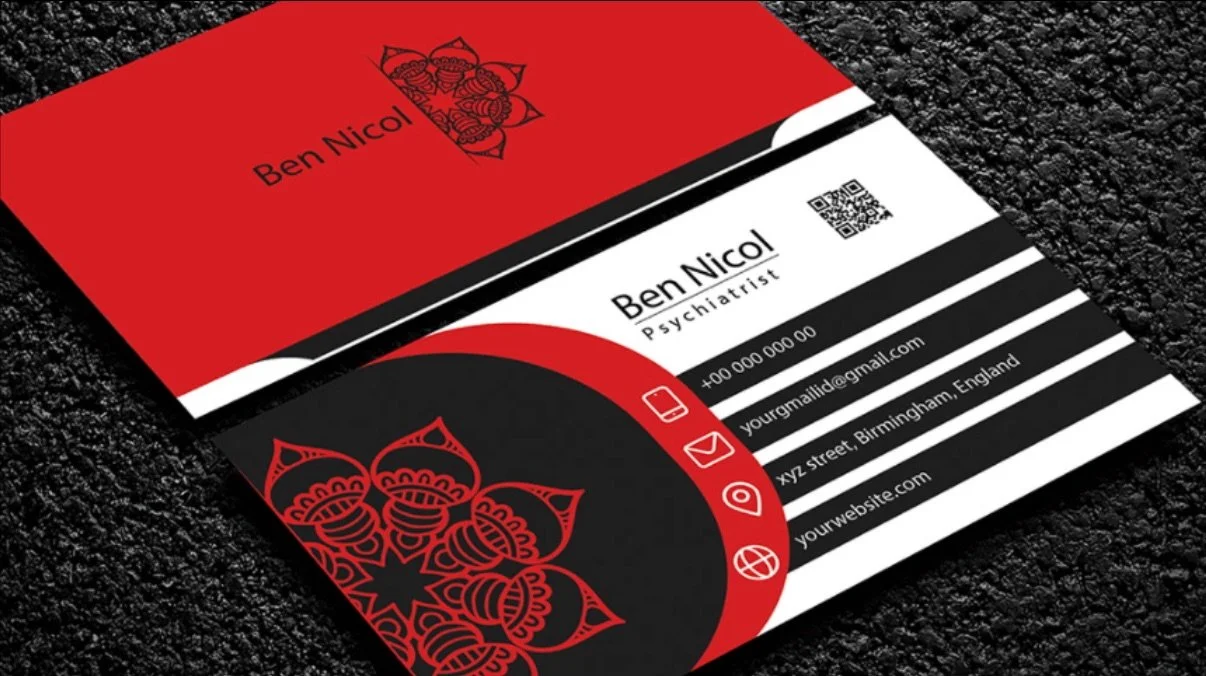 Business cards for Ben Nicol, a psychiatrist, featuring a red, black, and white color scheme, with floral and geometric patterns, contact information, and icons for email, phone, location, website, and social media.