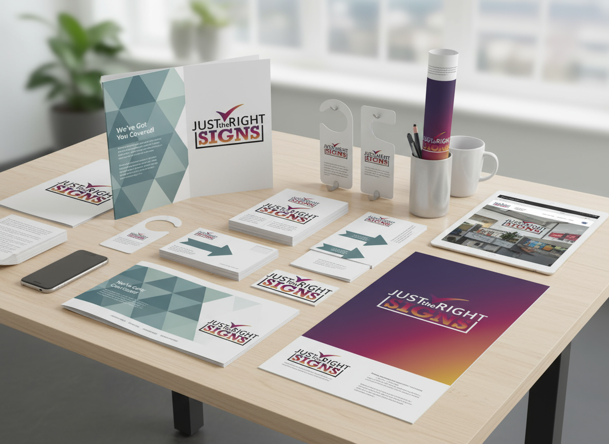 Various promotional materials for Just the Right Signs, including brochures, flyers, business cards, and a rolled poster on a wooden desk with a smartphone, tablet, and pen holder, positioned in a bright office with a window and plants in the background.