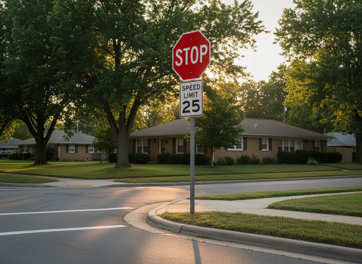 Stop sign with speed limit sign underneath, at a suburban intersection with houses and trees in the background during sunset.