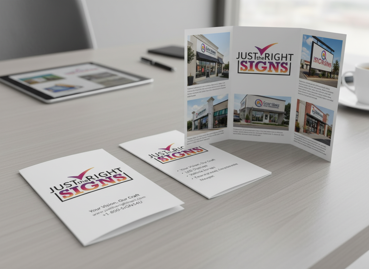 Business brochures and flyers for a sign company on a light wood table, with a tablet, pen, and coffee cup in the background.