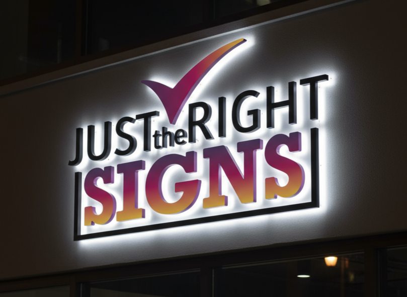 Illuminated sign reading "Just the Right Signs" with a checkmark logo at night.