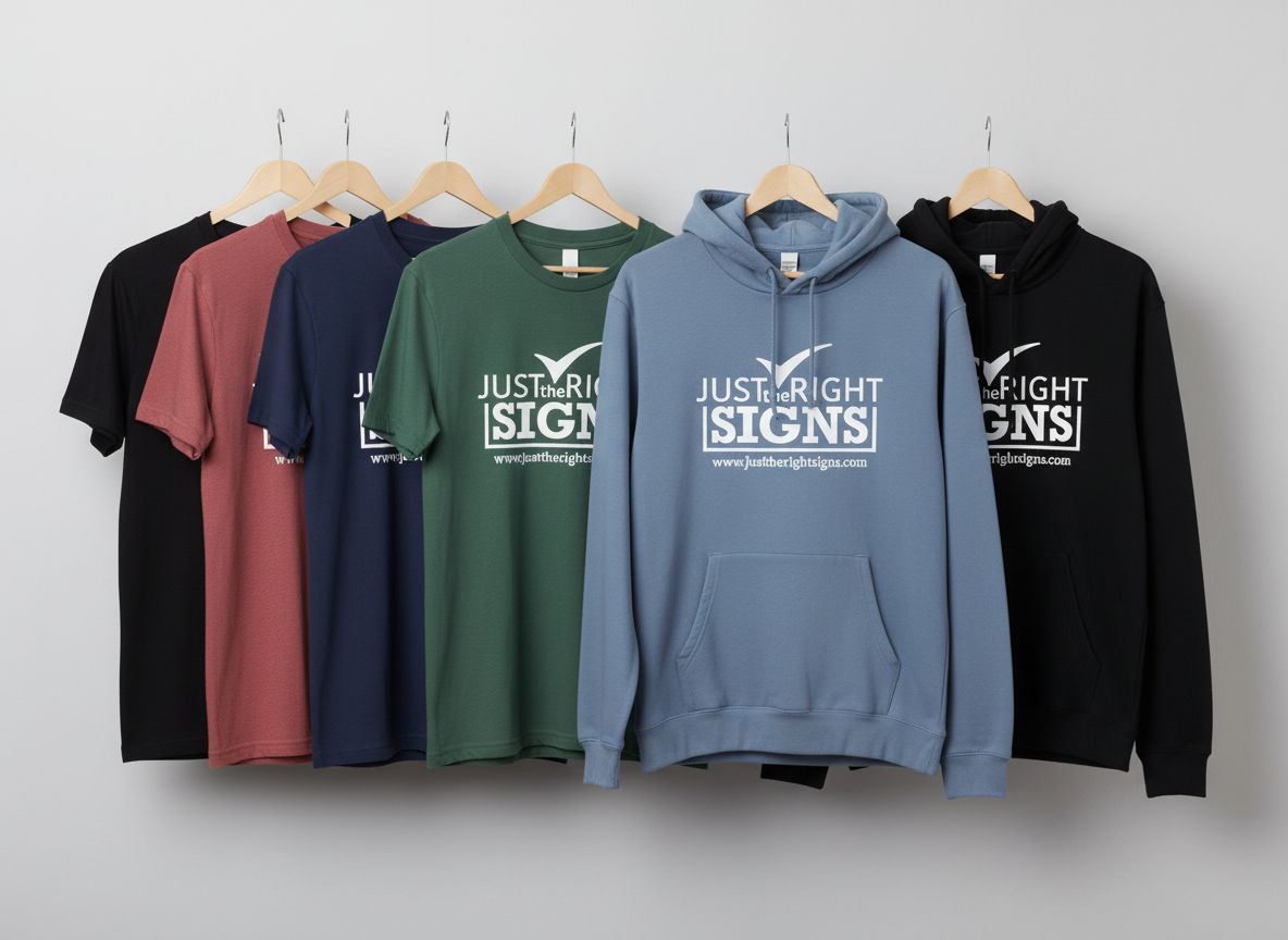 Five clothing items hanging on a white wall, including three t-shirts and two hoodies, with logos that say 'Just the Right Signs' and a website URL.