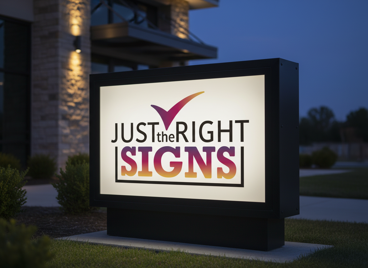 Backlit sign with the text 'Just the Right Signs' and a checkmark logo at dusk, located outside a modern building.