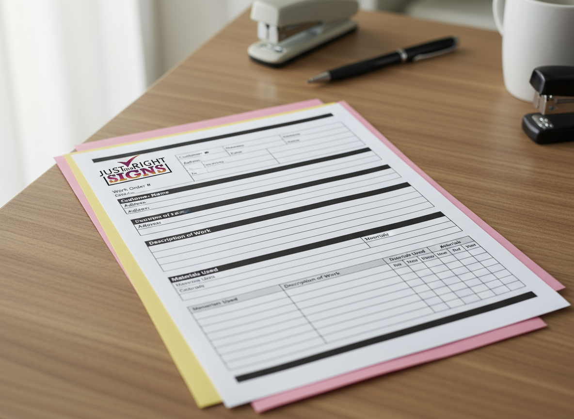 Sign work order form on a desktop with office supplies nearby.