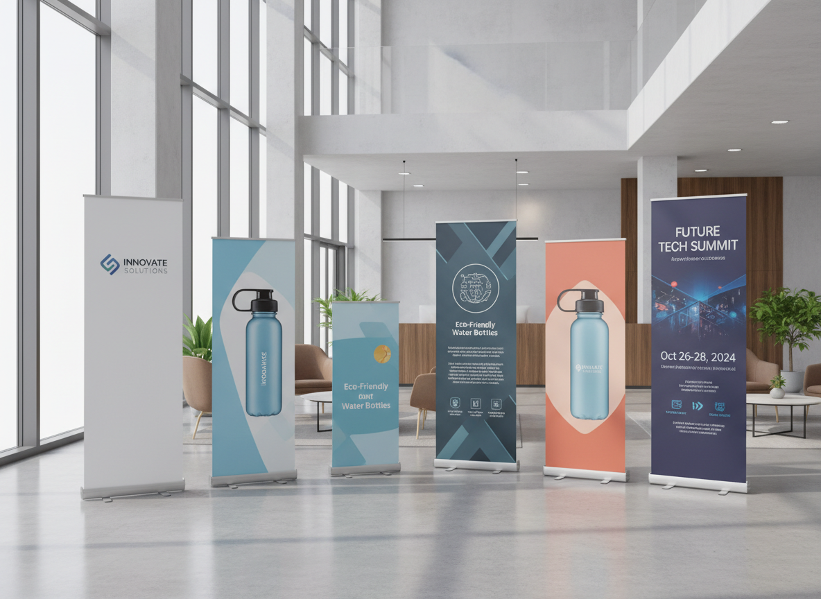 Display banners at a tech conference promoting eco-friendly water bottles and smart solutions at a future tech summit, October 26-28, 2024.