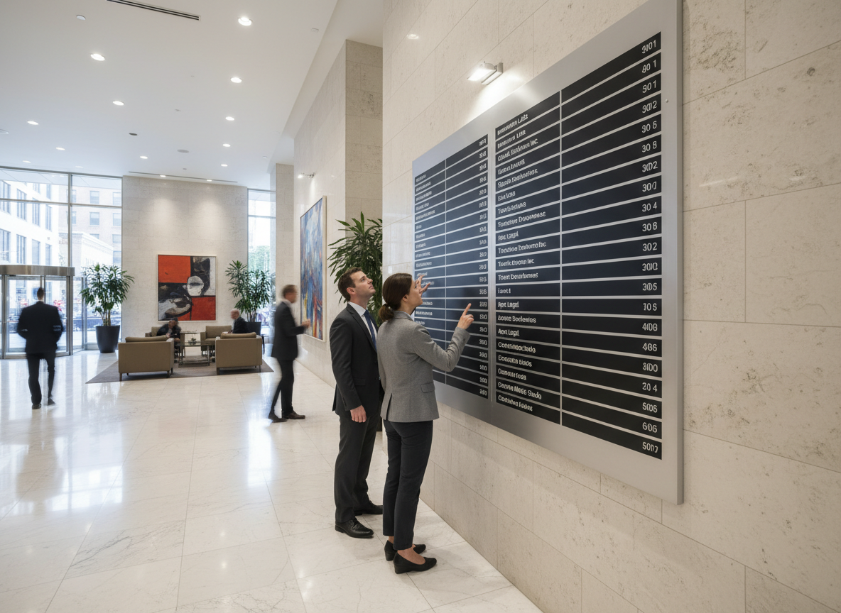 Two business professionals, a man and a woman, look at and point to a directory board in a modern building lobby, with other people sitting and walking in the background.