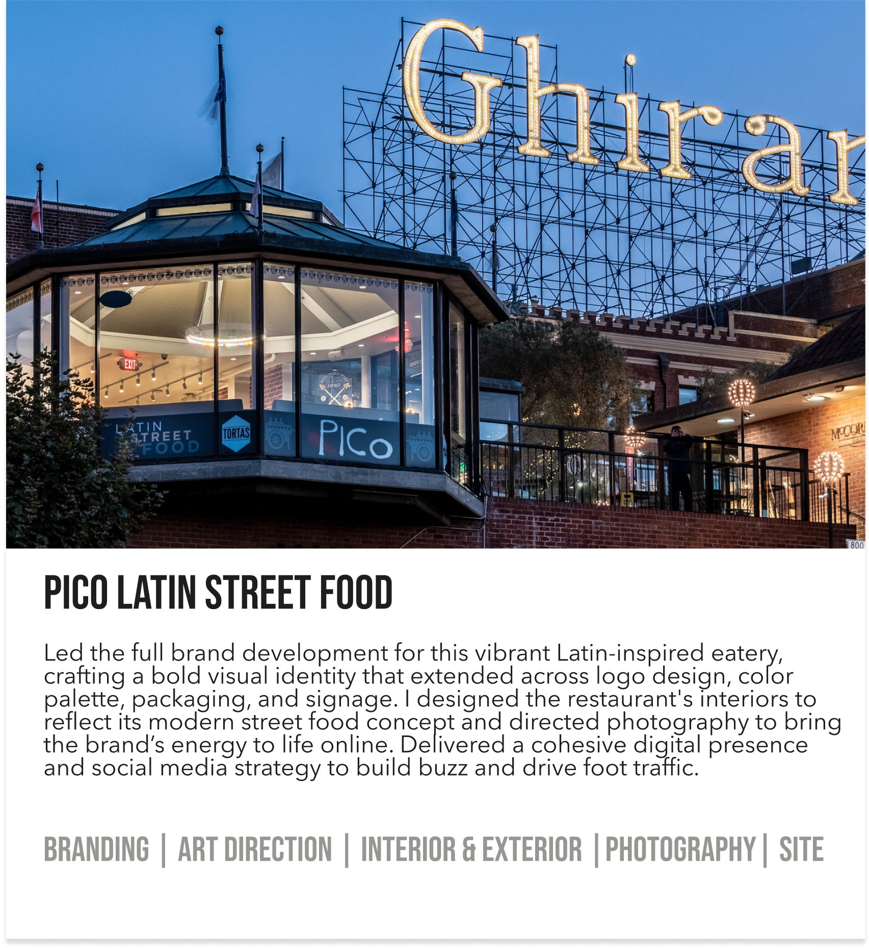 Exterior view of PICO Latin Street Food restaurant with illuminated sign, large windows, and outdoor seating area, during evening hours.