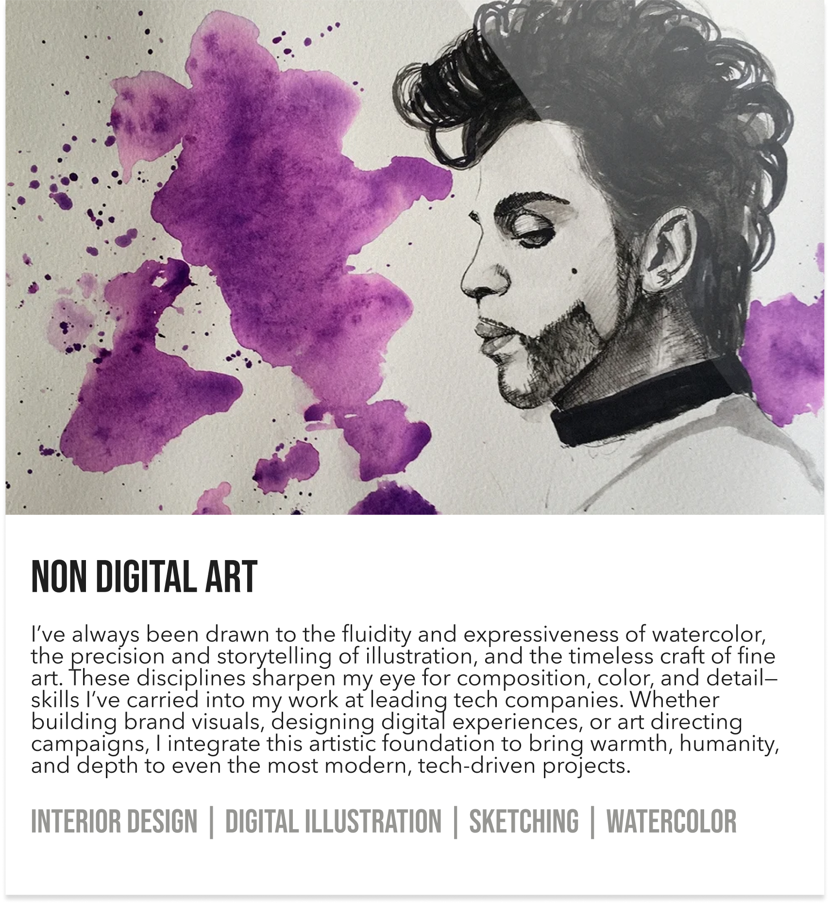 A black and white watercolor illustration of a woman with short curly hair, looking to the side, with purple watercolor splashes around her.