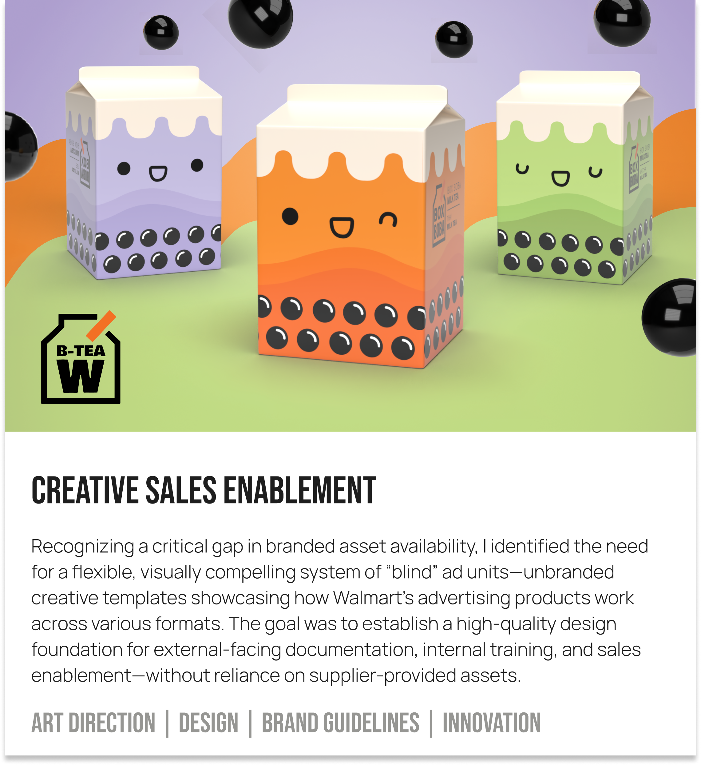 Colorful cartoon-style juice boxes with smiling faces, each with a different color: purple, orange, and green, floating around black bubbles on a light background.