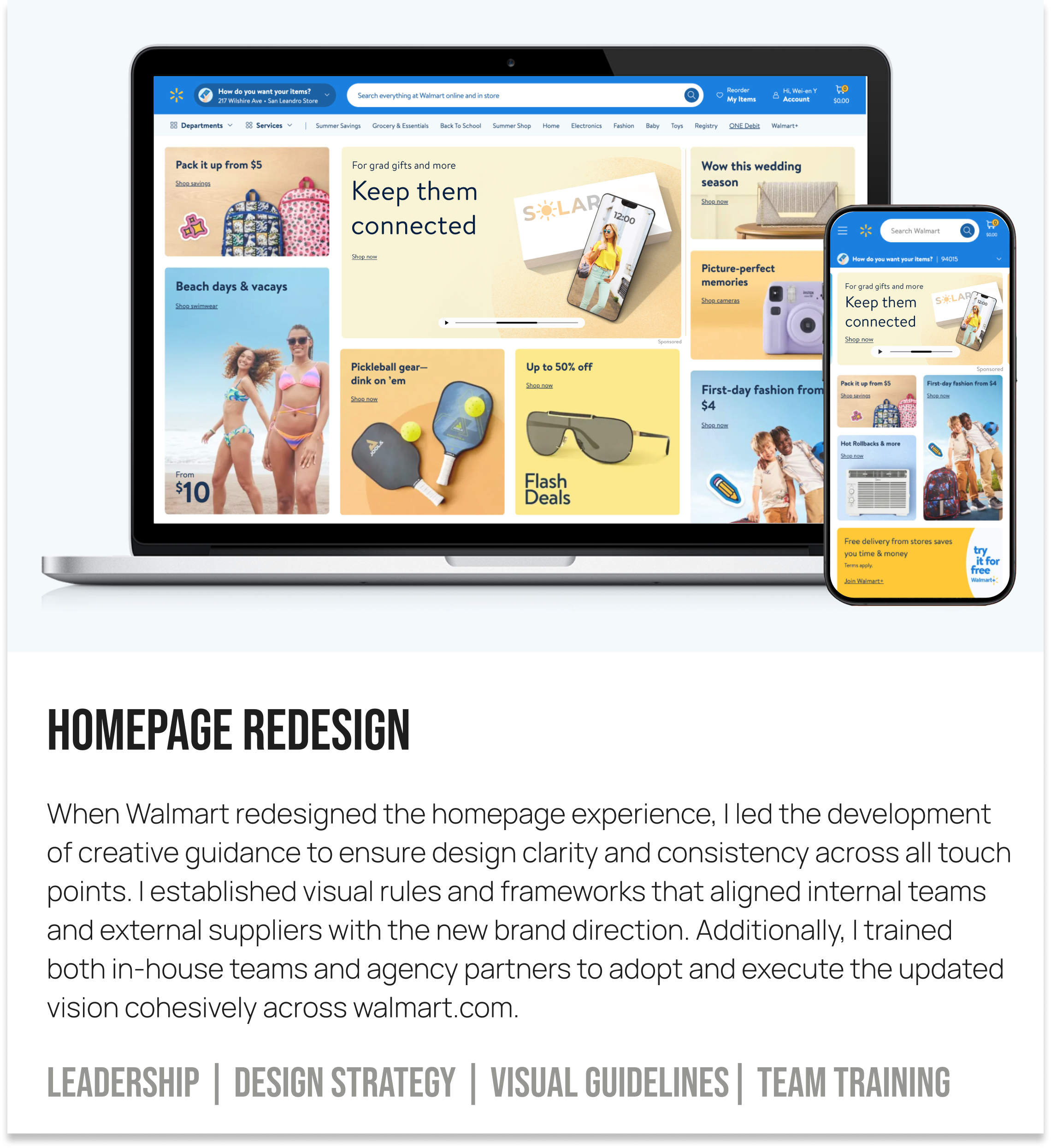 Homepage redesign for Walmart showing a desktop and mobile view of the new layout with sections for summer sales, gadgets, and children's items, along with a paragraph explaining the redesign process and goals.