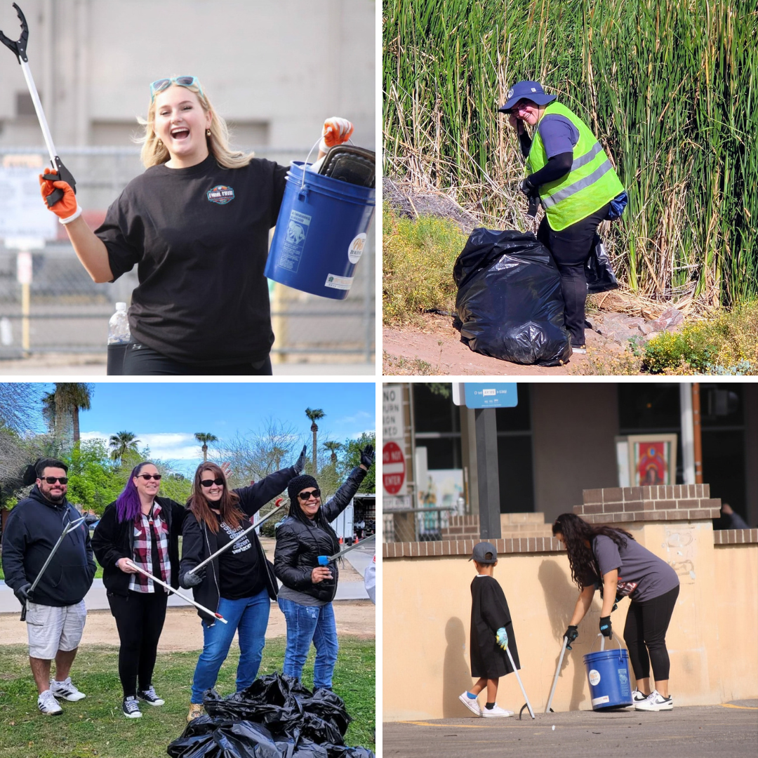 People participating in a community cleanup event, collecting trash in outdoor settings including parks, streets, and natural areas.