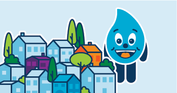 Cartoon water droplet character smiling in front of a neighborhood with houses and trees.