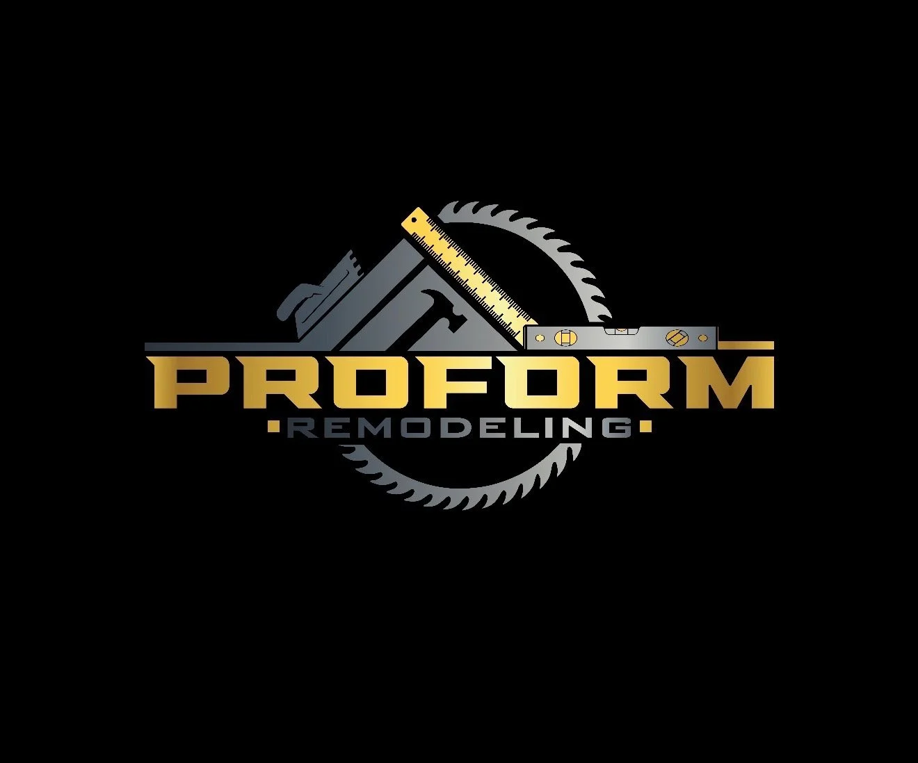 Logo for ProForm Remodeling featuring a circular saw blade, a measuring tape, and a power saw with the company name in bold gold and gray letters.