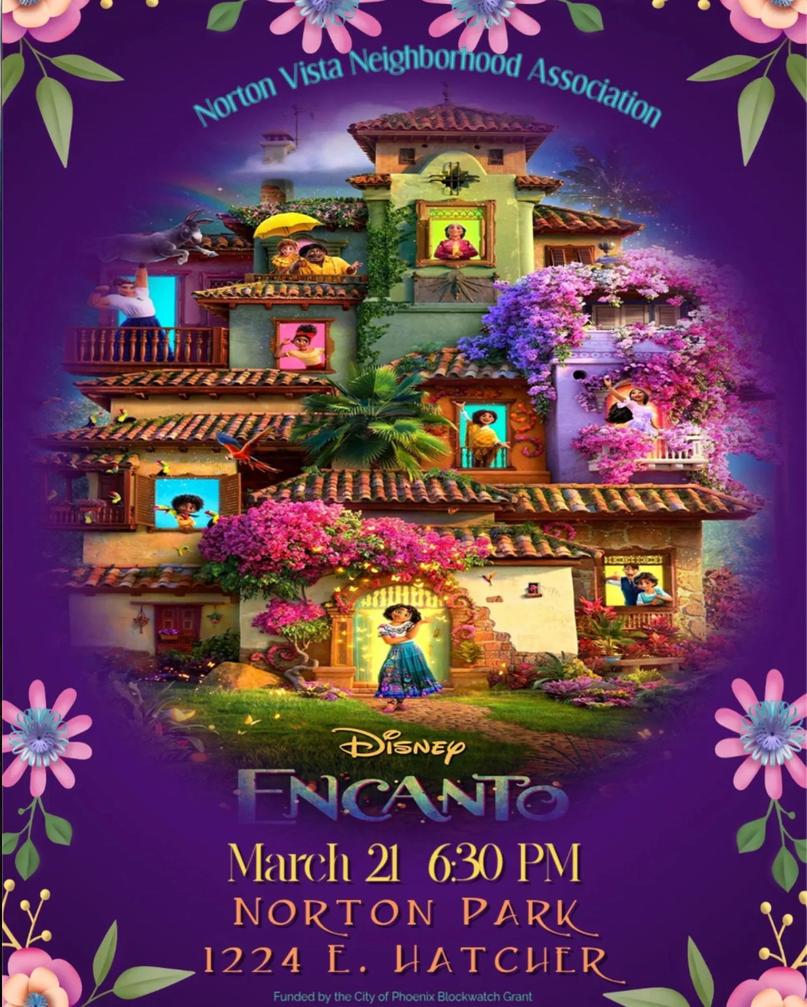 Colorful event poster for Disney Encanto at Norton Park, featuring a vibrant illustration of a house with characters from Encanto, surrounded by pink and purple flowers, with event details listed at the bottom.