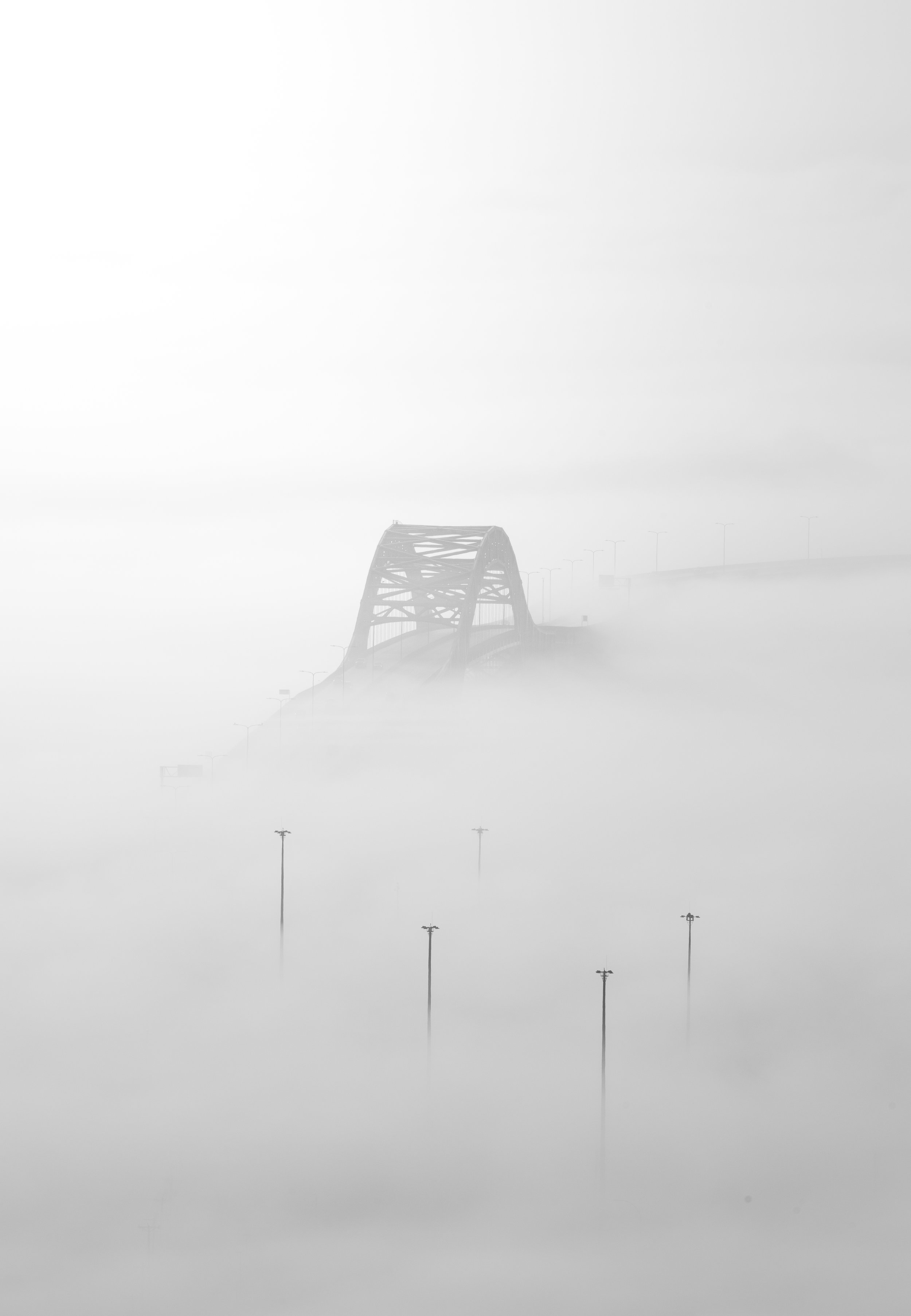 Black and white photo of the Bong Bridge on a foggy February morning 