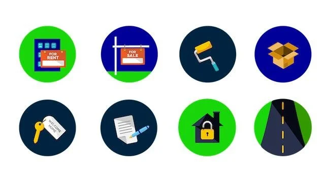 Icons representing rental properties, real estate, tools, and security, including for rent and for sale signs, a paint roller, a cardboard box, a welcome key, a contract, a house with a lock, and a road.