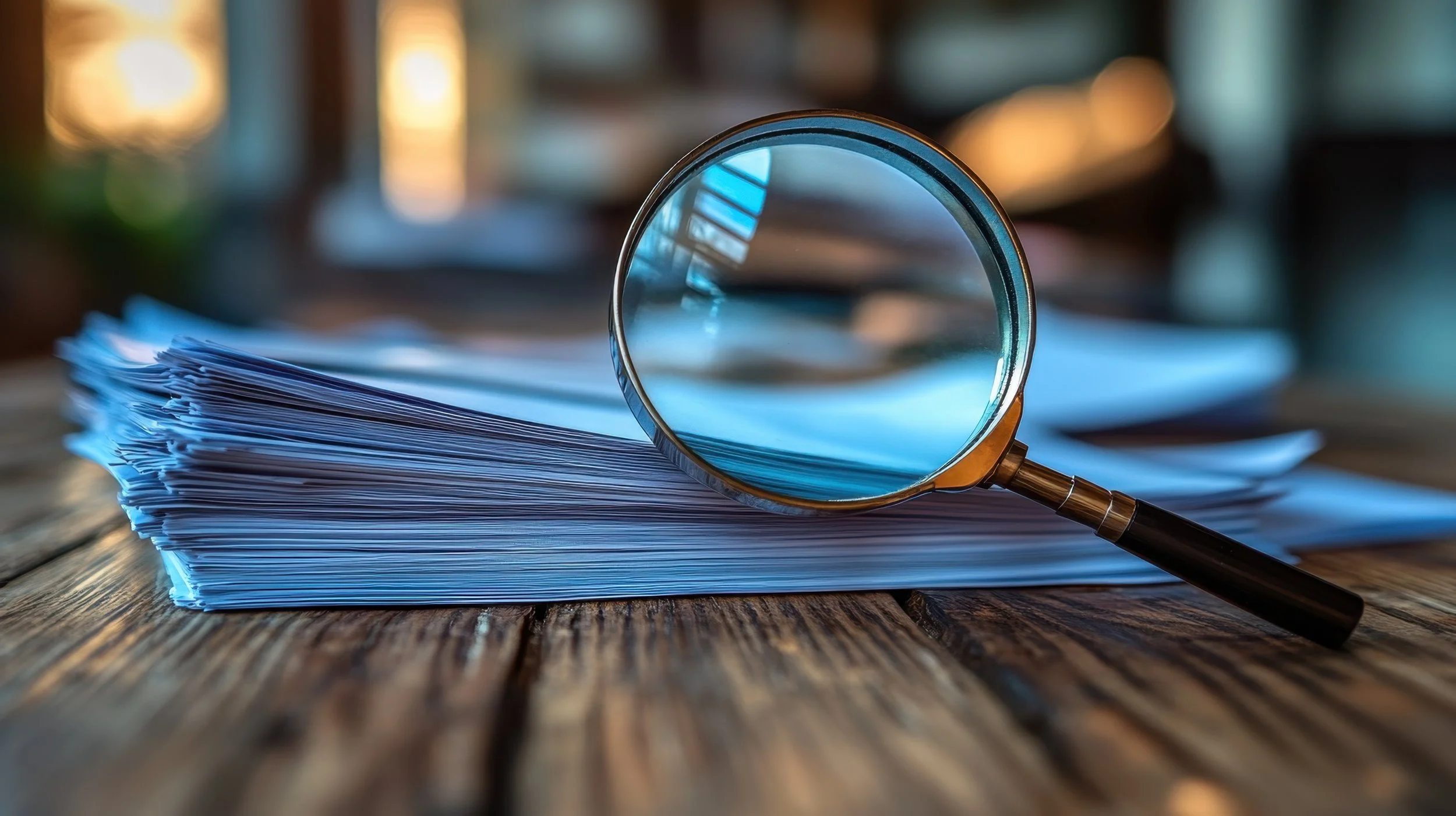 A magnifying glass resting on top of a large stack of documents or papers on a wooden table, with blurred background.