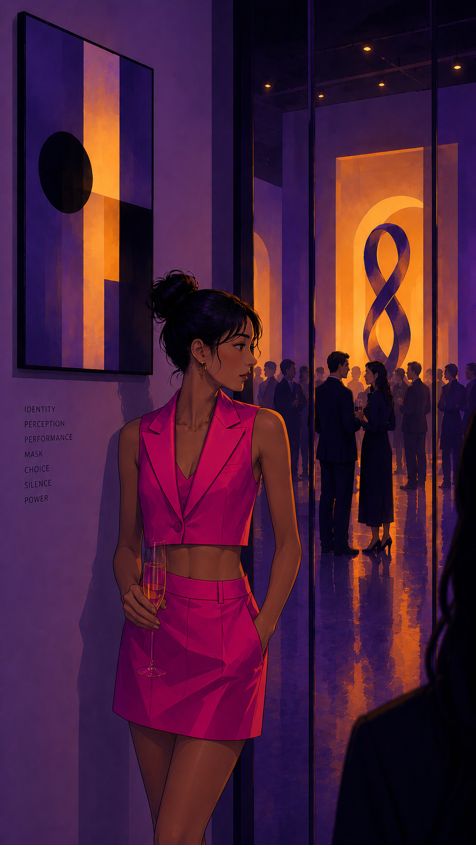 A woman in a pink sleeveless suit stands at an art gallery, holding a glass of champagne, looking to the side. In the background, people are socializing, with large abstract paintings and a glowing infinity symbol on the wall.