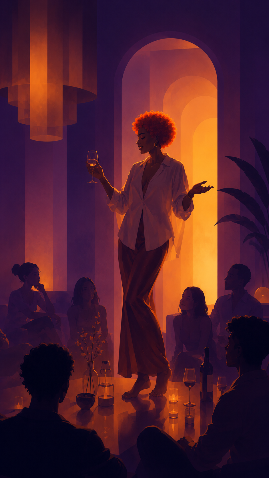 An indoor scene with a woman with curly red hair standing on a table, holding a wine glass, surrounded by seated people. The room has warm amber lighting and arched windows in the background.