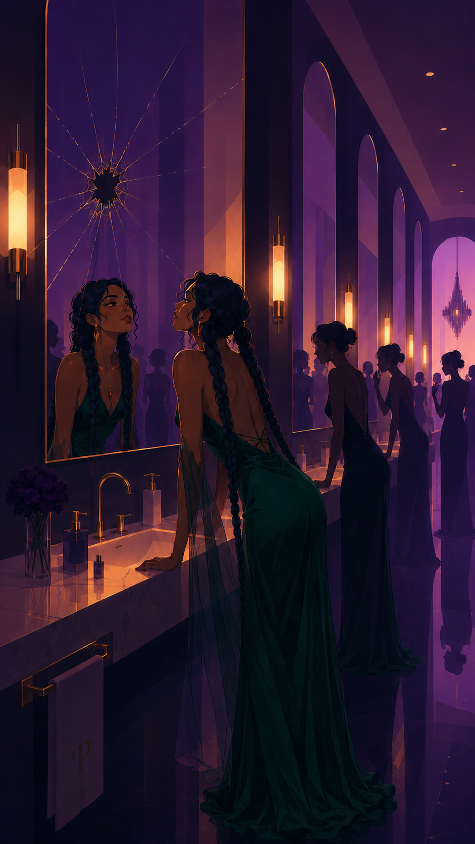 A digital illustration of a woman with long braided hair in a green dress, looking at herself in a mirror at a luxurious bathroom vanity. Several other women in similar dresses are seen in the background, with purple and gold lighting, a chandelier, and cracked mirror reflecting her image.