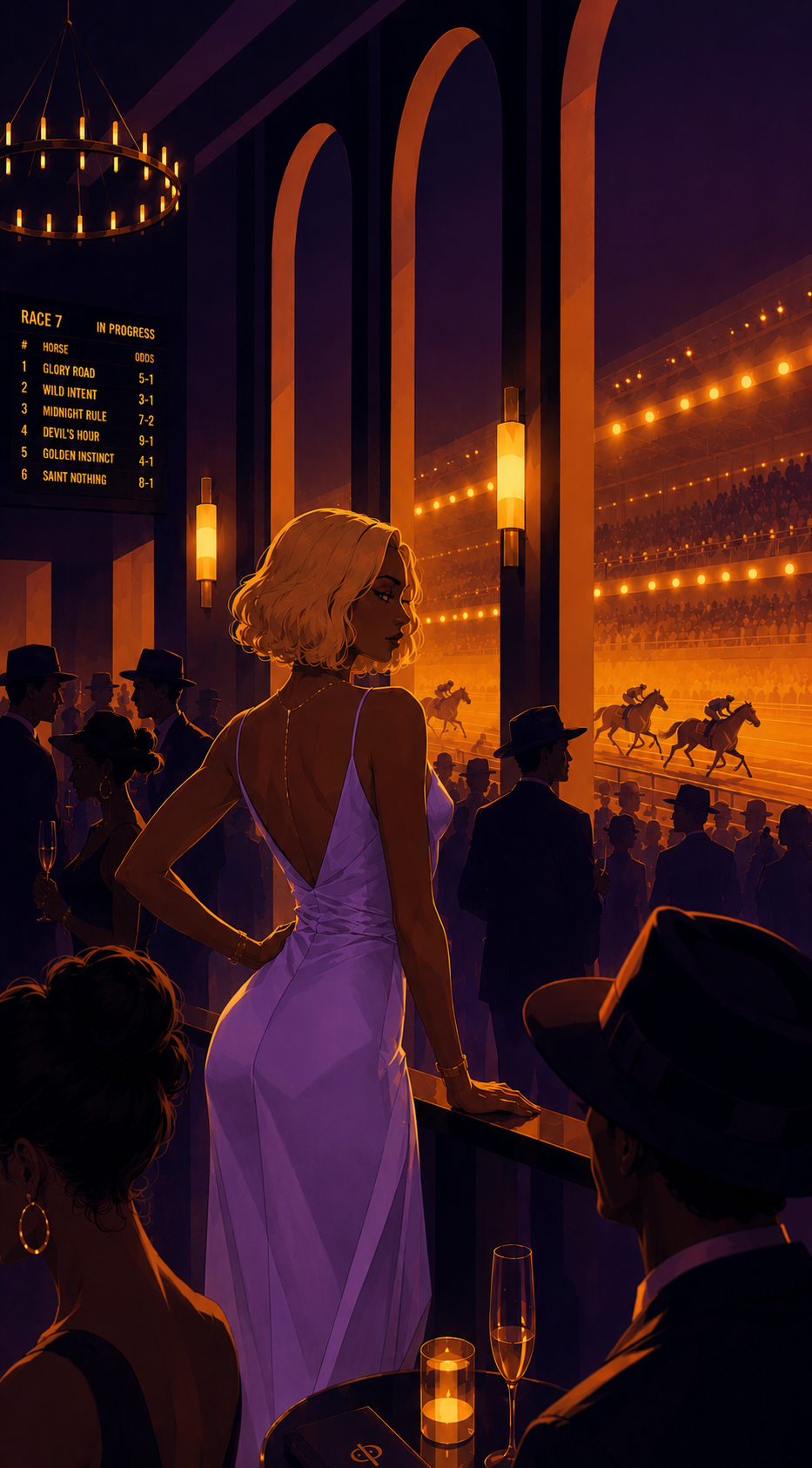 A woman in an elegant white gown stands at a balcony overlooking a horse race at night. The scene is lit with warm, orange lighting and features spectators in formal attire, horses racing on the track, and a scoreboard showing race details.