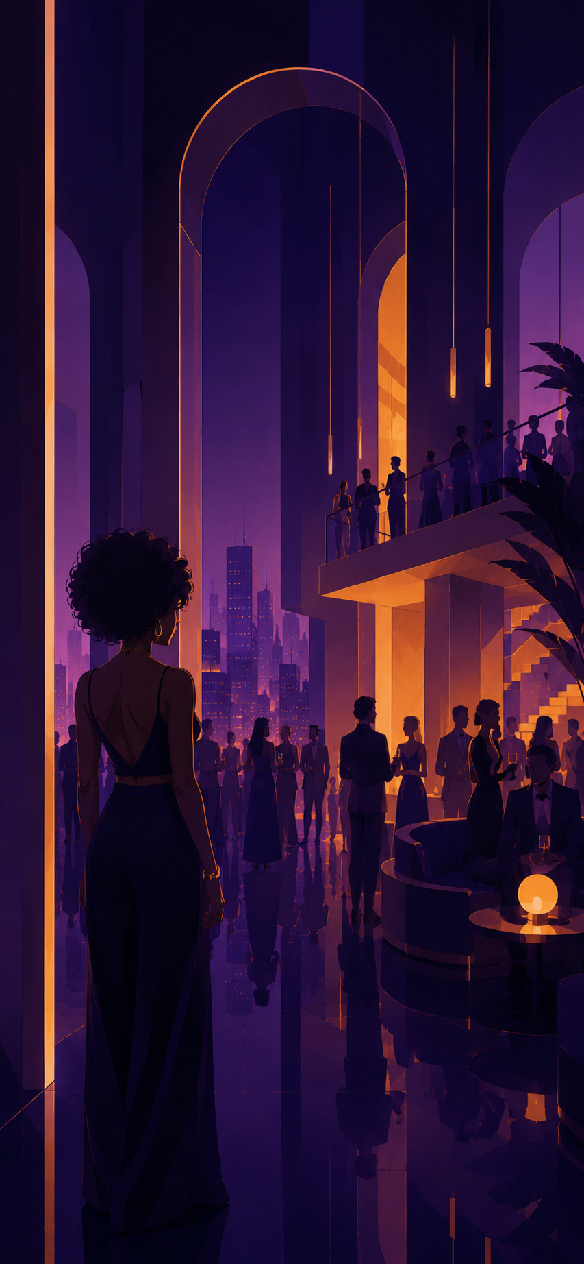A futuristic city skyline at night with an elegant indoor party. People in formal attire socialize under warm lighting, with large arches and tall windows revealing skyscrapers and a starry sky in the background.