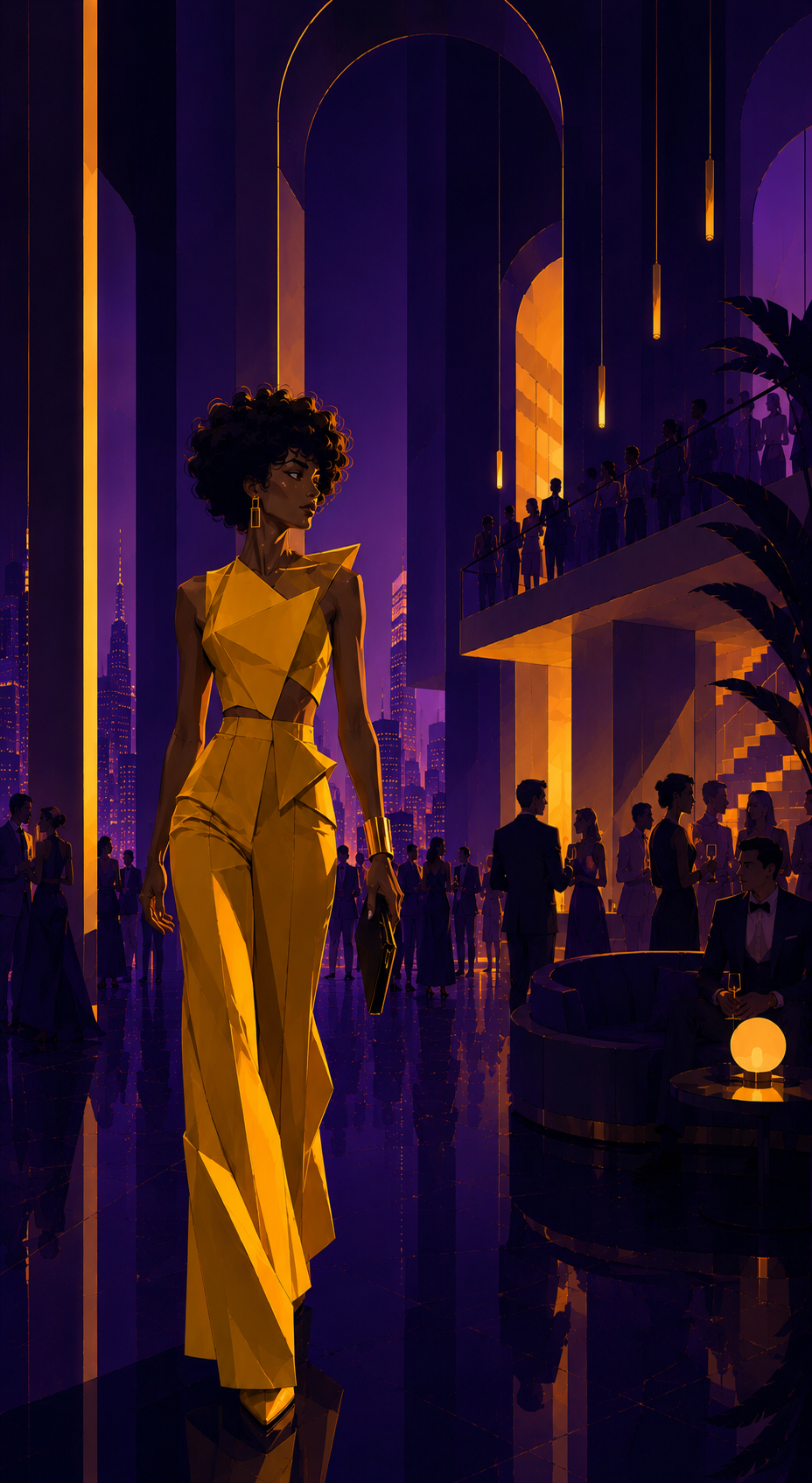 An elegant woman in a stylish yellow pantsuit walking through a modern, upscale party with many people socializing in a high-rise city setting at night, illuminated by warm lighting.