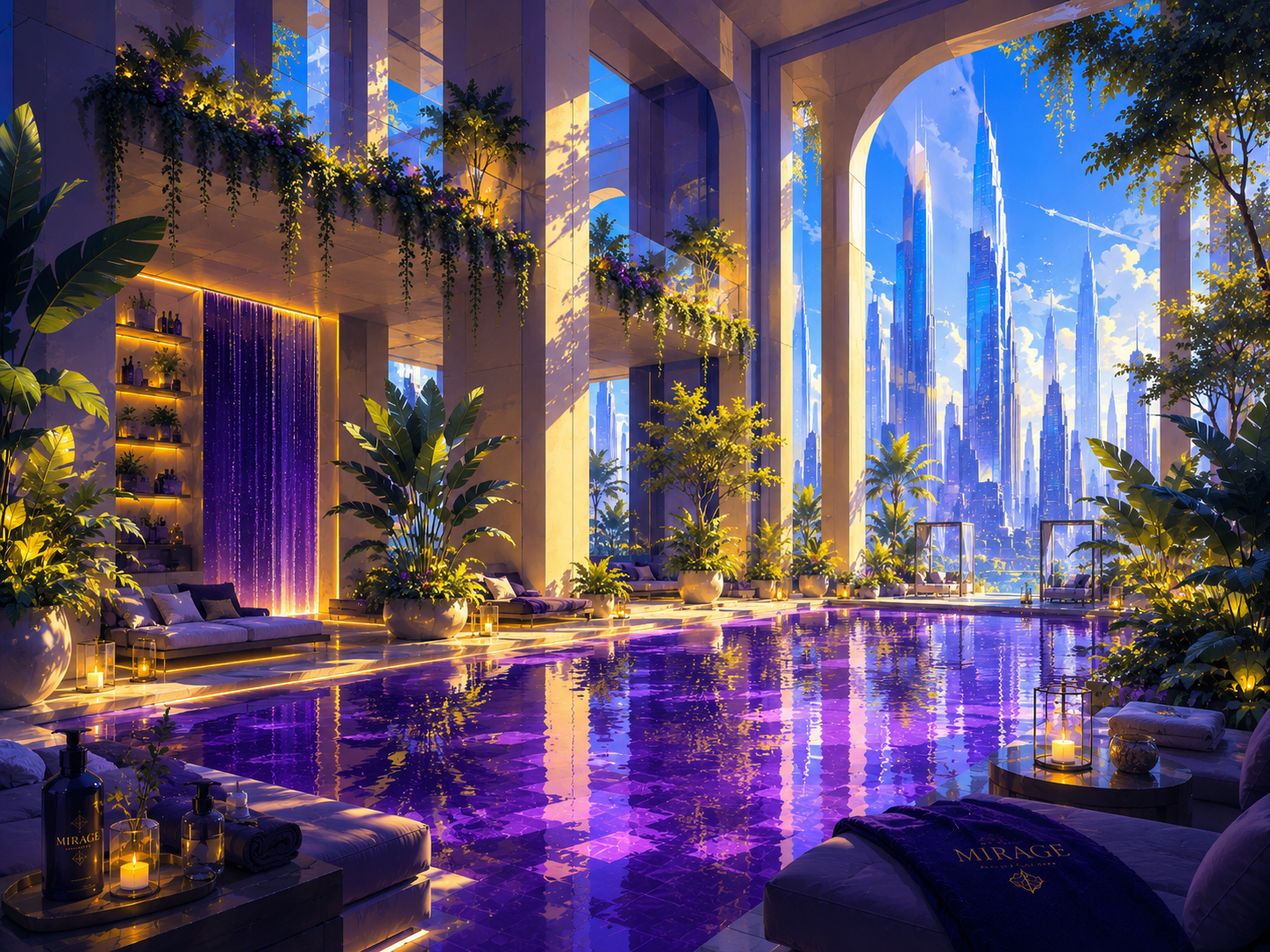 Luxurious indoor pool area with city skyline view, surrounded by lush plants, seating, candles, and elegant decor.