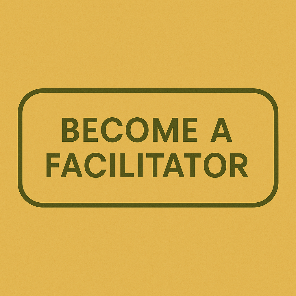 Sign with yellow background and black border reading 'Become a Facilitator' in bold black letters.