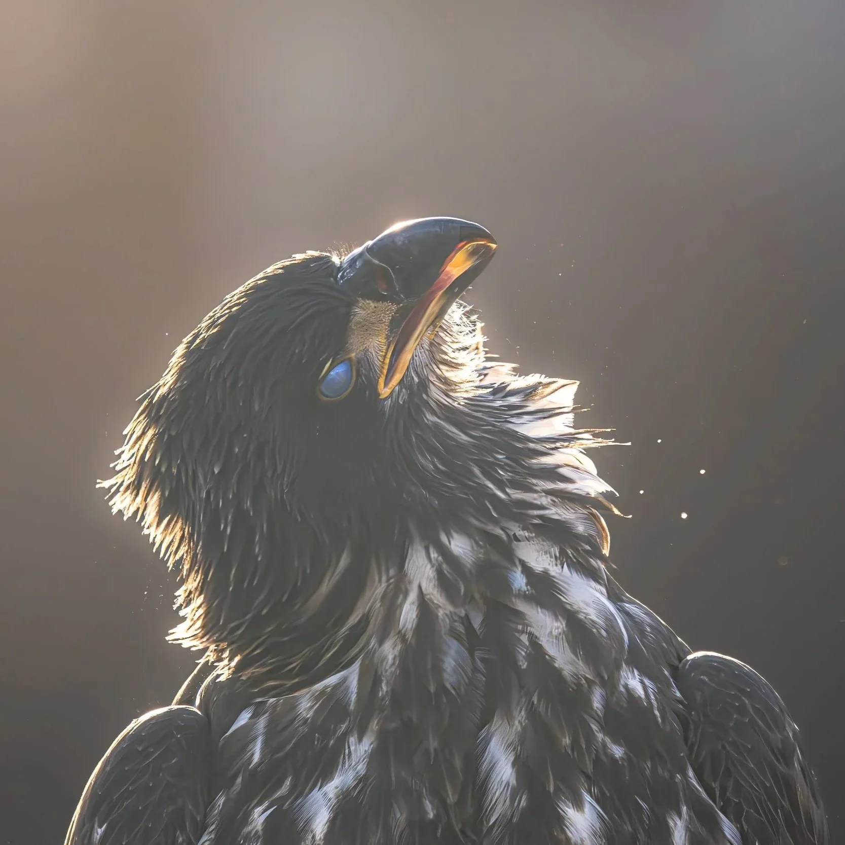 A close-up of a bird with wet black feathers, possibly a cormorant, with its beak open and head tilted back, against a blurred background.