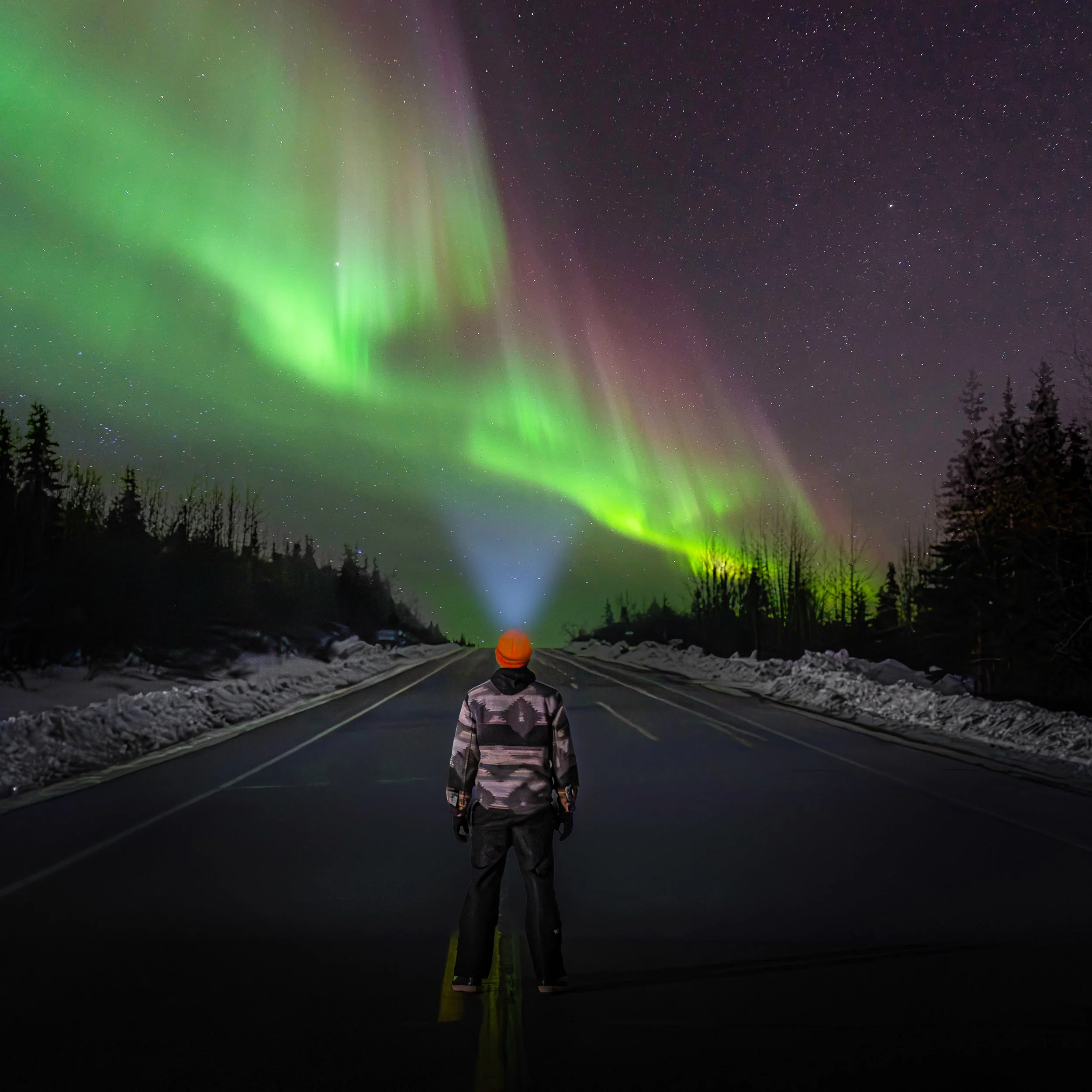 Person standing in the middle of a deserted road at night, watching the Northern Lights in the sky.