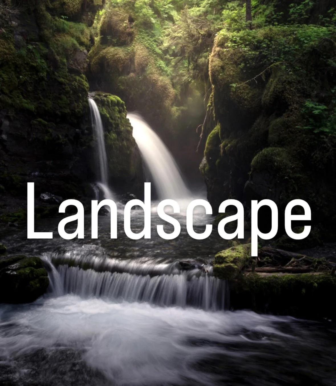 A cascading waterfall in a lush green forest with sunlight filtering through trees.