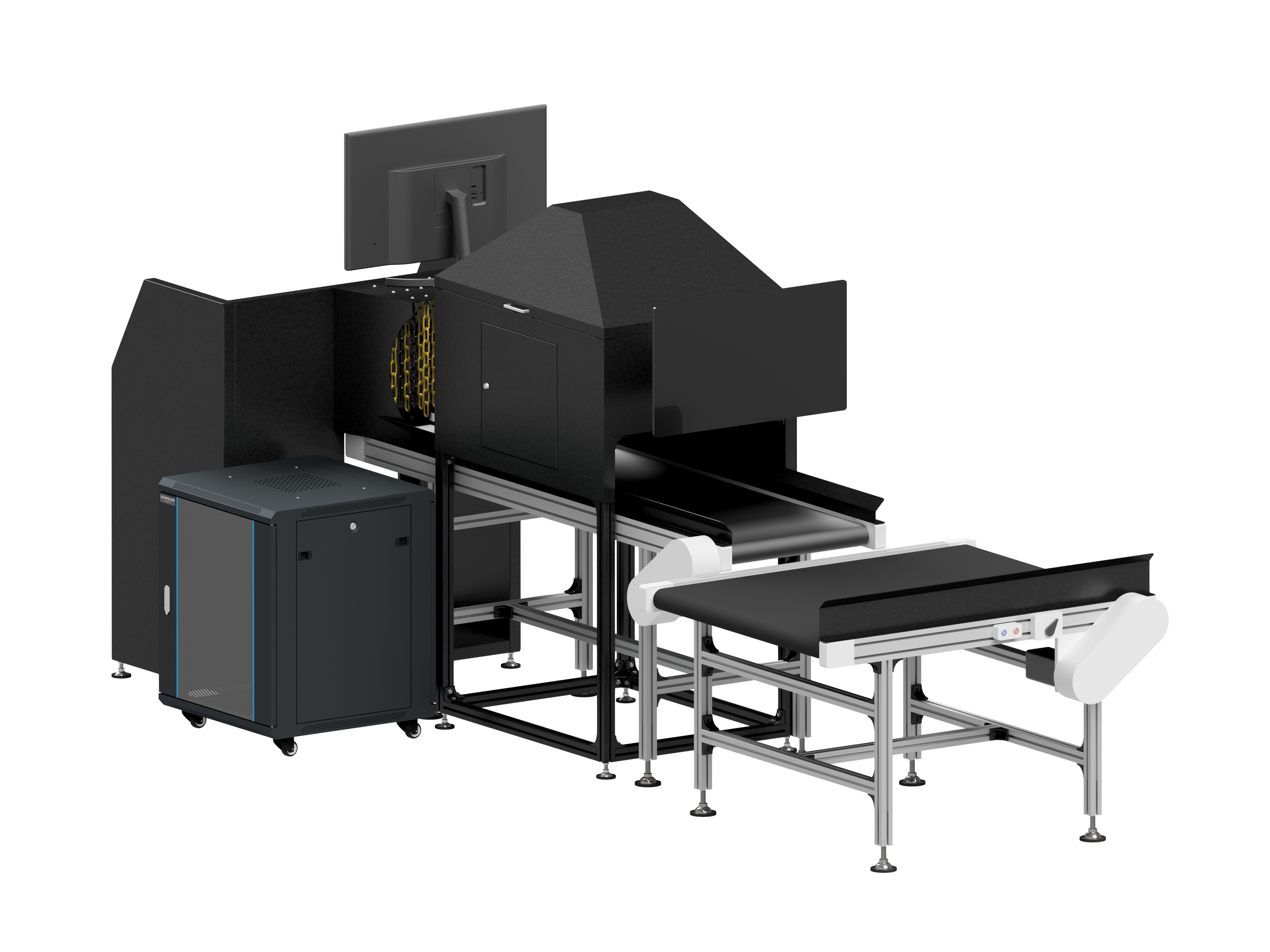 Medical conveyor belt system with black screens and a black enclosed area, designed for processing or scanning purposes.