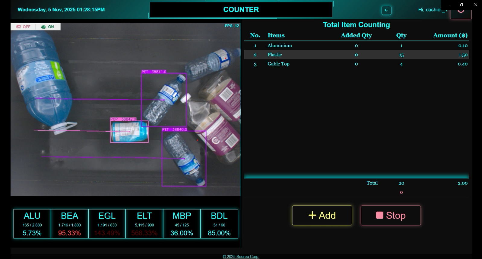 Multiple beverage cans, beer cans, bottles, plastics, gable tops, and B&B containers passing along a conveyor belt.