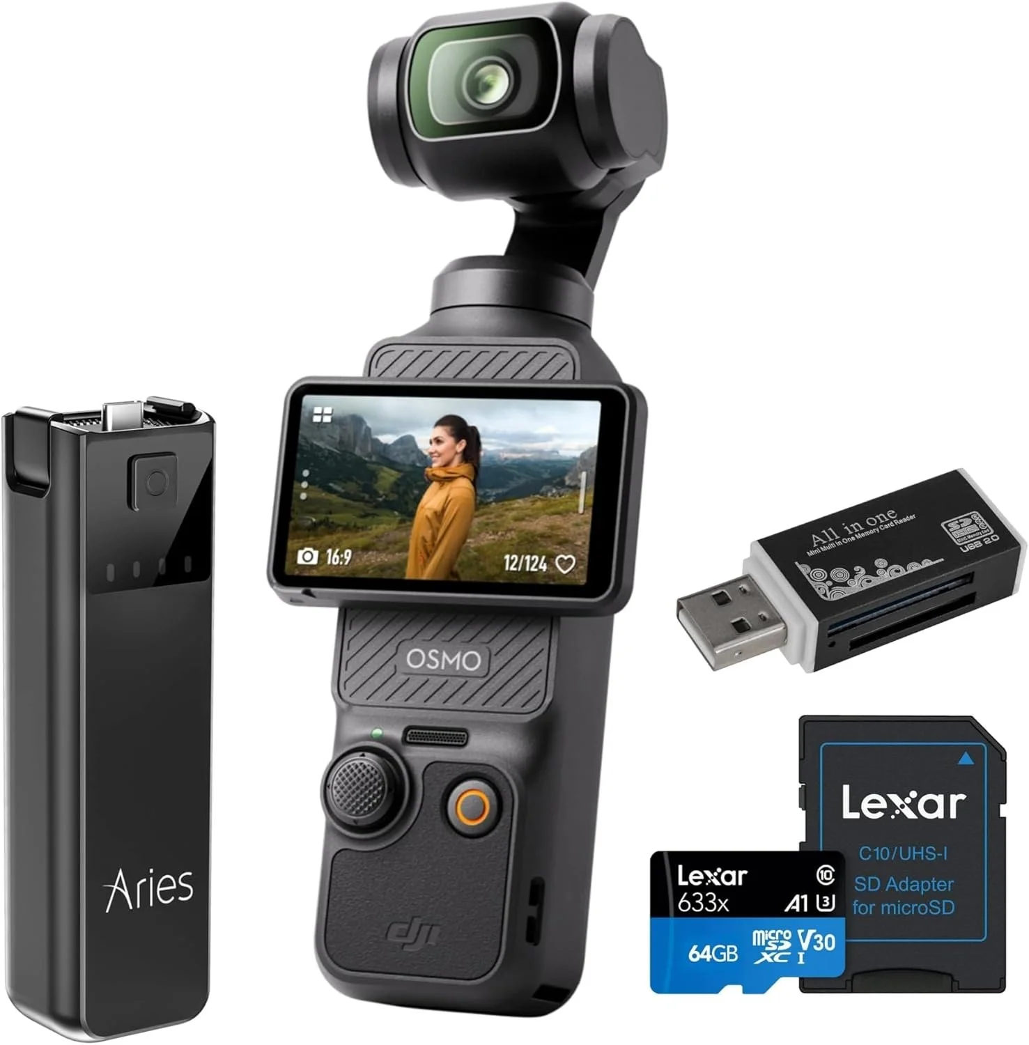 A portable camera stabilizer gimbal with a mounted camera and a small display screen, along with a USB card reader, microSD card, and SD card adapter placed beside it.